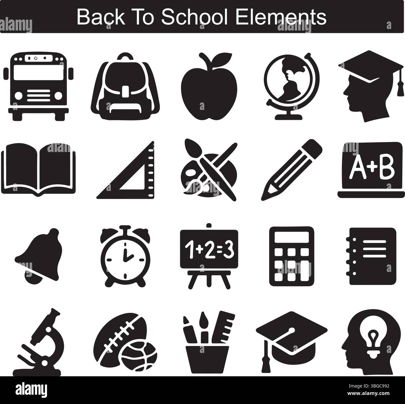 Schwarze Schule Symbolsatz mit Schulungstools, Fächern und Zubehör Stock Vektor