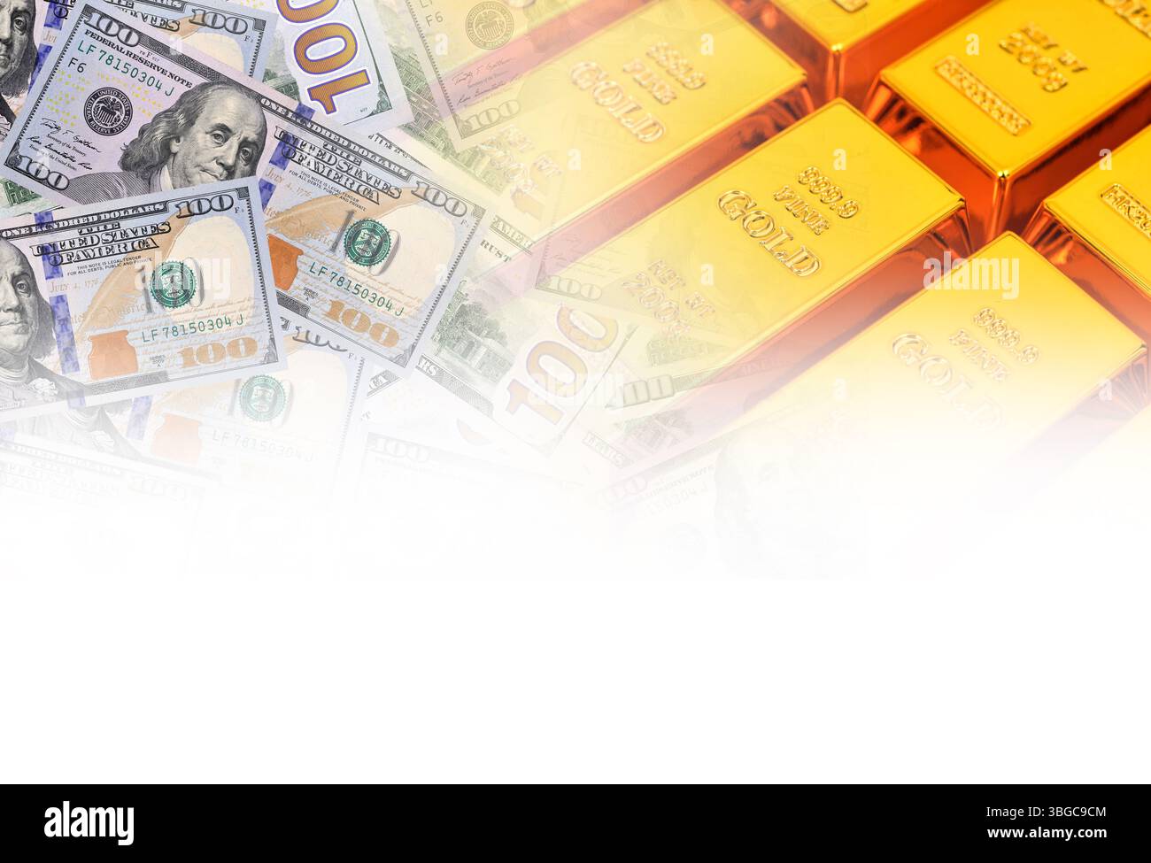 Goldbarren und US-Dollar-Banknoten Hintergrund. Online-Konzept für den Handel mit Rohstoffen oder Kauf von Goldbarren für Investitionen Stockfoto
