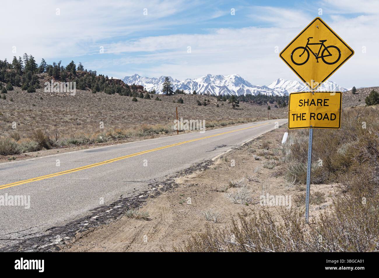 Gelb und schwarz teilen sich das Straßenschild mit dem Fahrrad entlang der Benton Crossing Road im Mono County mit den entfernten Sierra Nevada Mountains Stockfoto