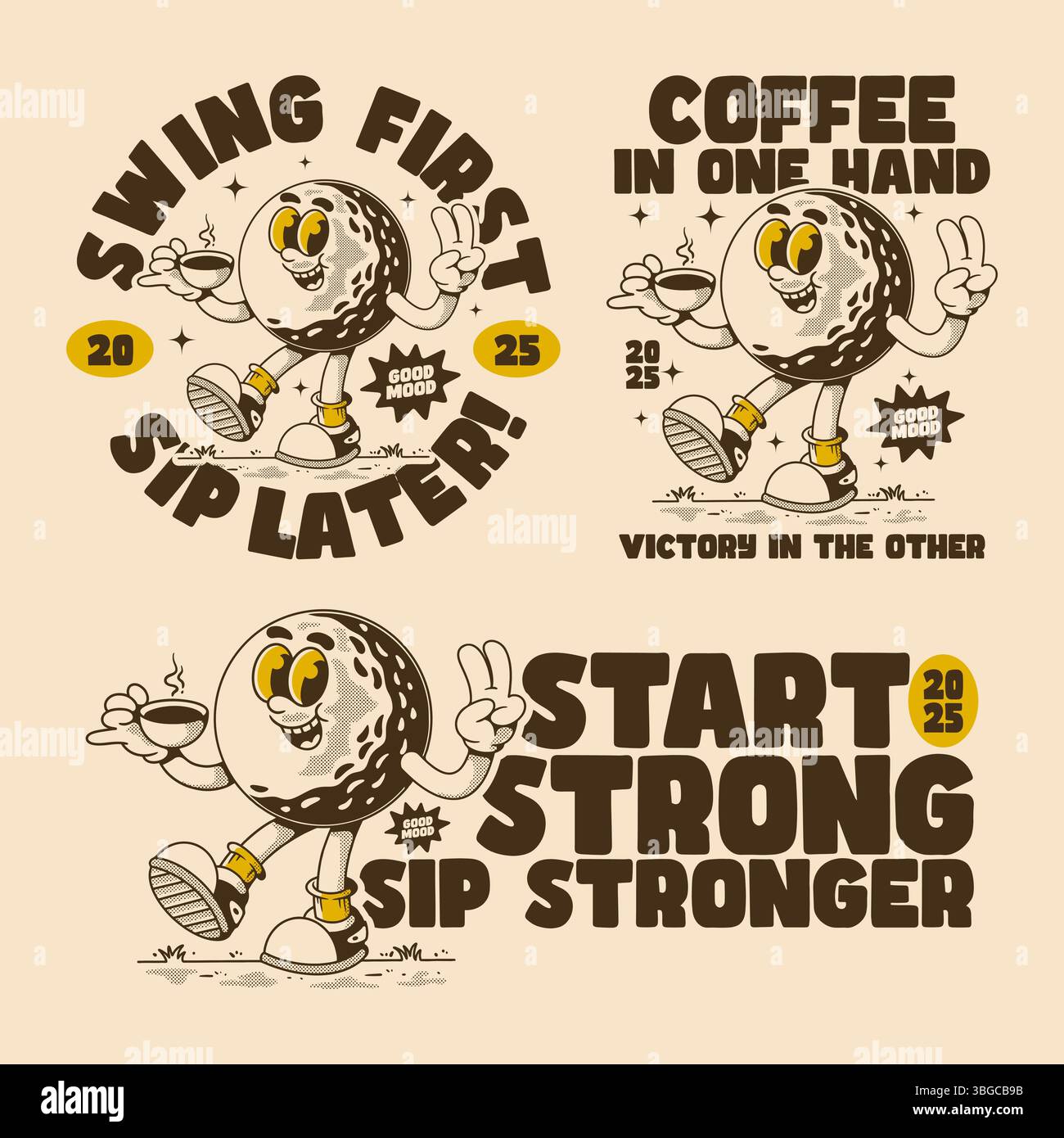 Set aus alten Zeichentrickfiguren, die eine Tasse Kaffee halten, mit Friedenszeichen und Zitaten zum Thema Kaffee Stock Vektor