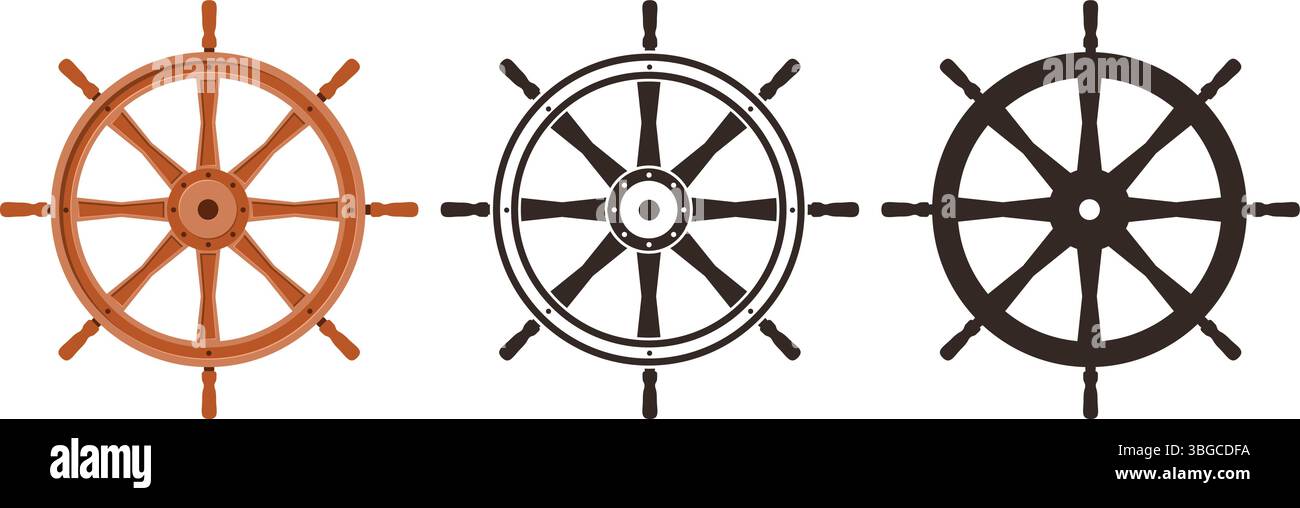 Altes nautisches hölzernes Ruder. Segelschiff. Holz- oder Silhouette-Lenkräder. Symbole für Seeufer. Segelbootnavigation. Fahrtrichtungssteuerung des Bootes. Marine Stock Vektor