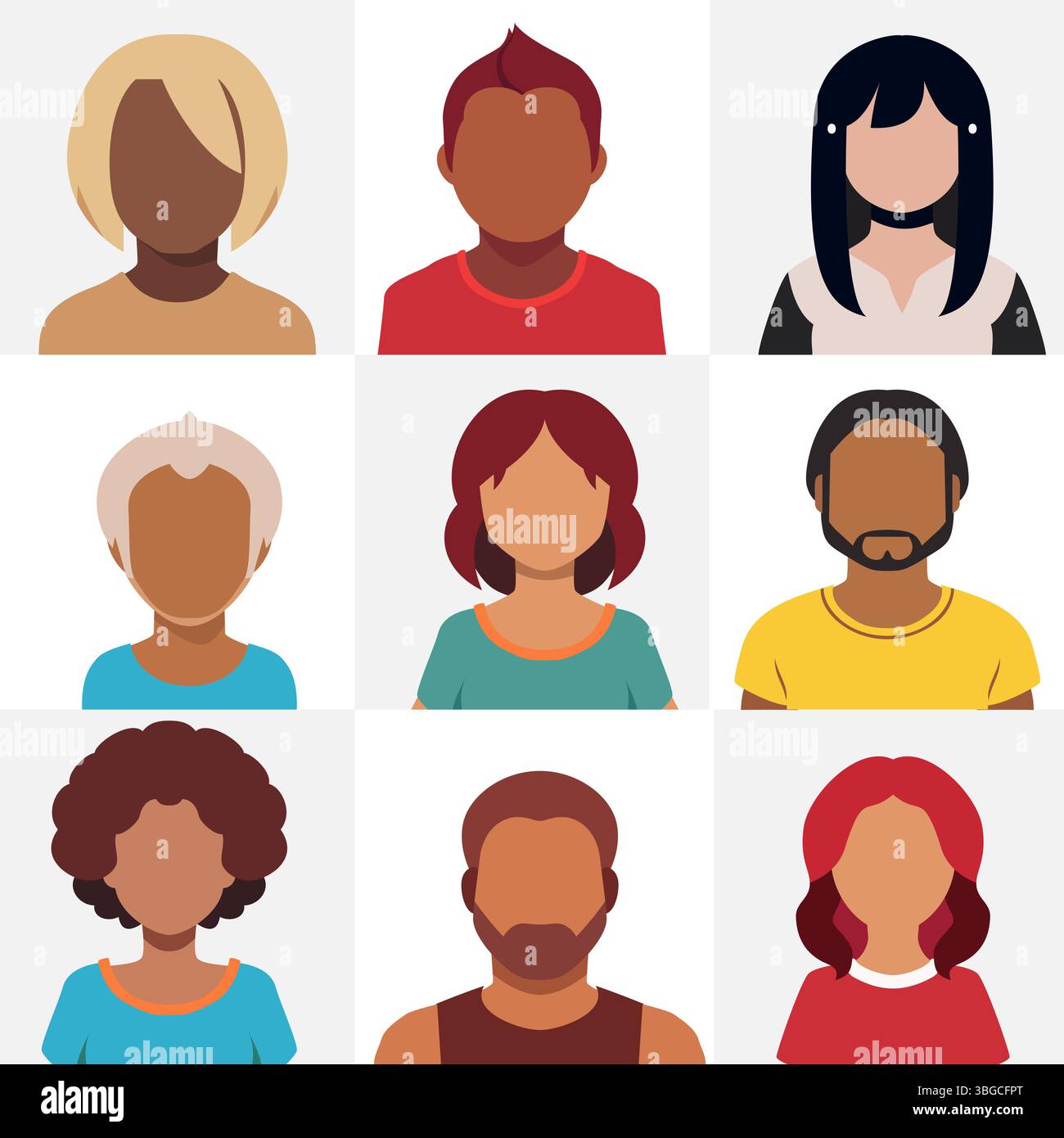 Set aus verschiedenen, gesichtslosen menschlichen Avataren mit verschiedenen Frisuren und Hauttönen auf hellem Hintergrund. Stock Vektor