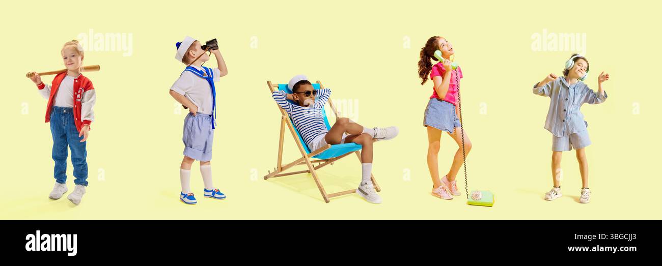 Kinder in Vintage-Outfits posieren mit lustigen Requisiten wie Telefon, Fledermaus und Fernglas vor pastellgelber Kulisse. Collage. Stockfoto