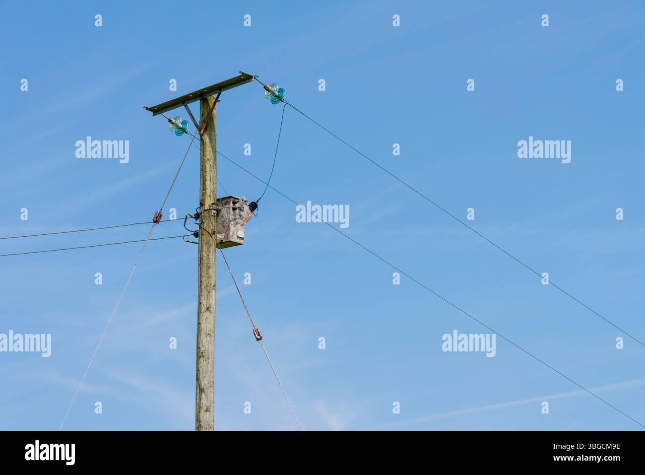 Einphasige 11-kV-Stromversorgungskabel und ein Abwärtstransformator an einem Holzmast. Stockfoto