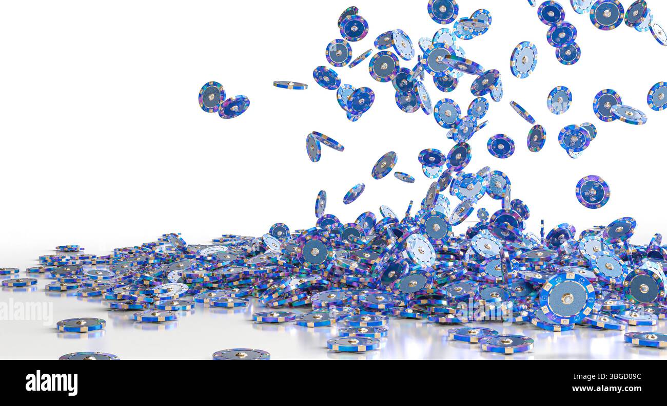 Blaue Pokerchips fallen auf weißen Hintergrund 3d Stockfoto