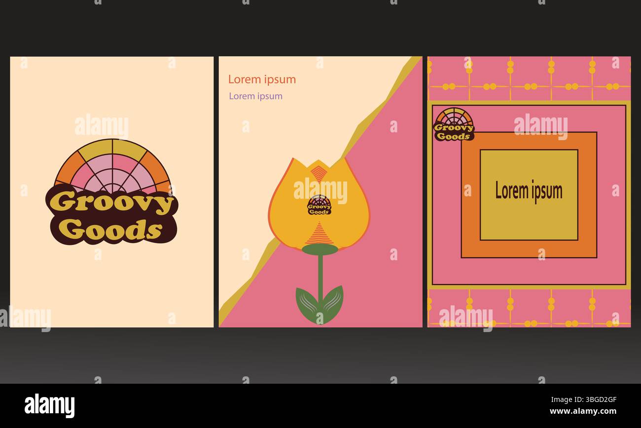 Retro Vintage Design Set – Logo, Poster, Postkarte und nahtloser Hintergrund im Stil der 70er bis 90er Jahre Stock Vektor