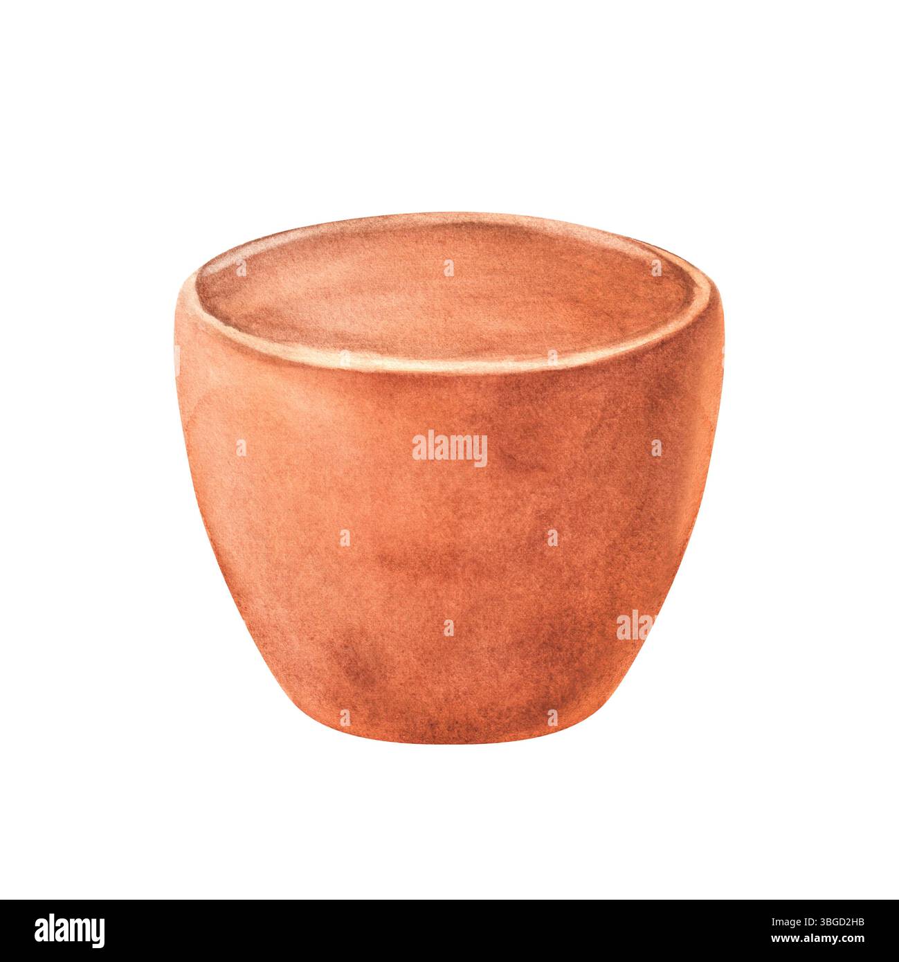Teetasse aus Terrakotta in Aquarellfarben. Keramikbecher. Clipart für orientalische Teezeremonie. Handgezeichnete Aquarellillustration isoliert. Ein Teil der Terrakotta-Schüssel Stockfoto