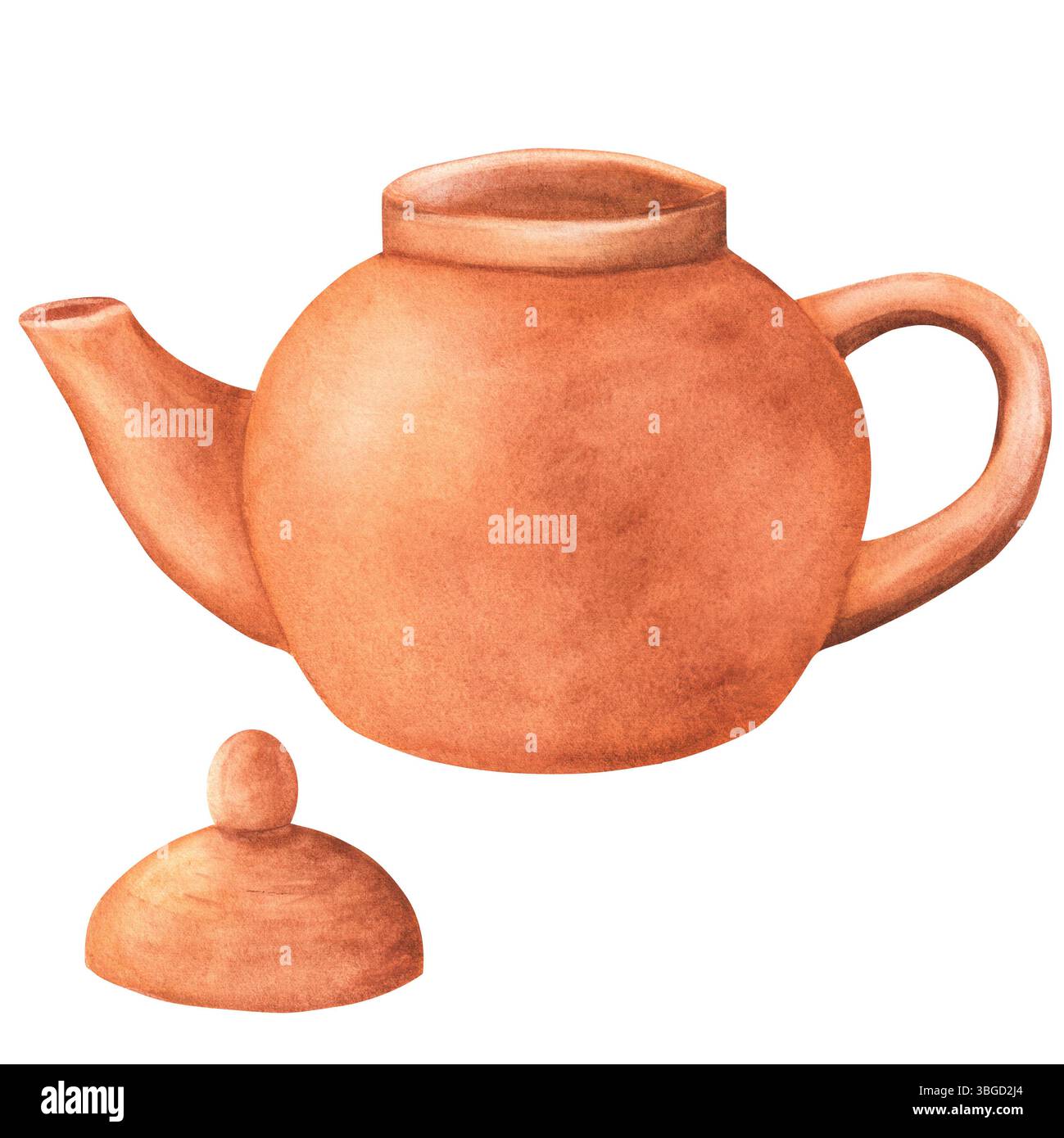 Wasserfarben-Terrakotta-Ton-Teekanne mit separatem Deckel. Keramik-Teekanne. Clipart zur Teezeremonie. Handgezeichnete Aquarellillustration isoliert. Ein Teil von t Stockfoto