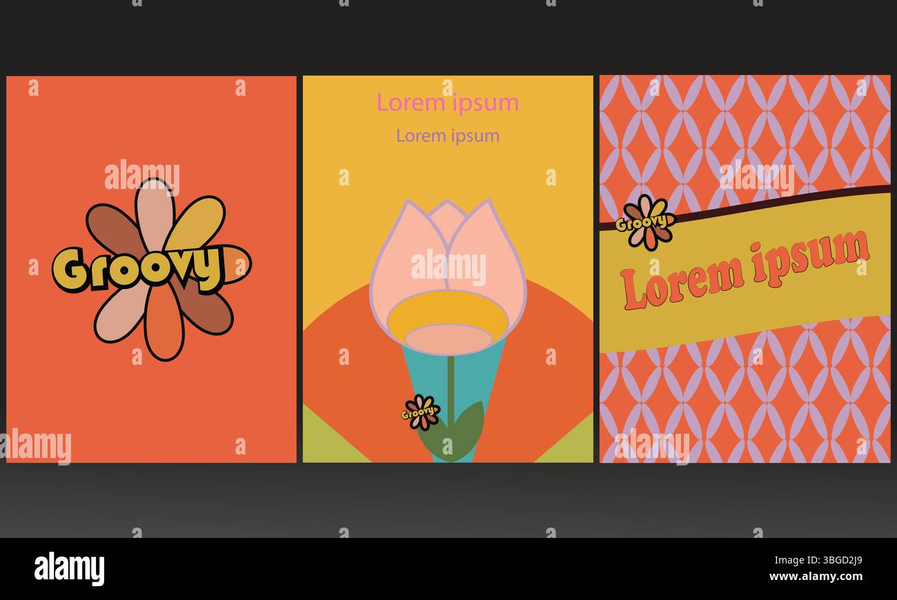 Retro Vintage Design Set – Logo, Poster, Postkarte und nahtloser Hintergrund im Stil der 70er bis 90er Jahre Stock Vektor