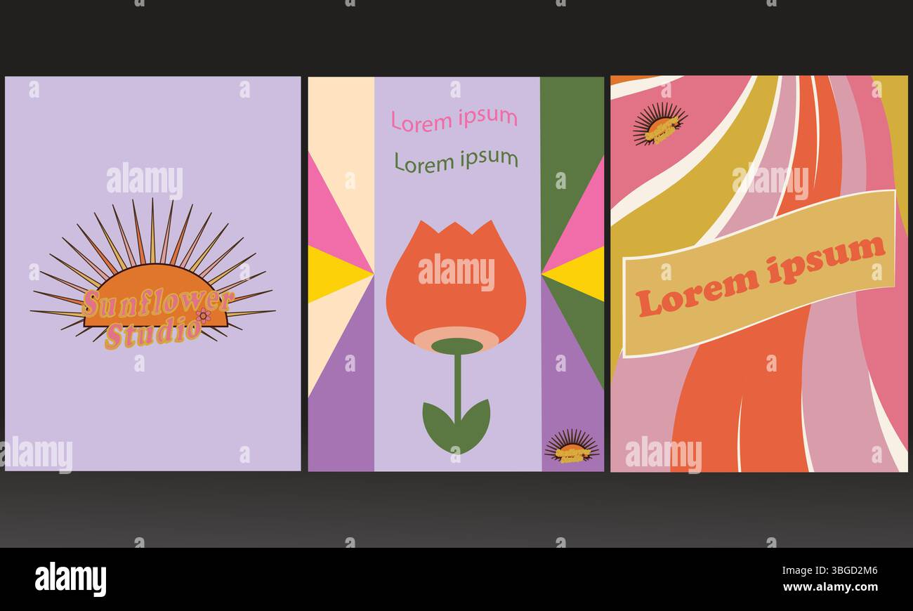 Retro Vintage Design Set – Logo, Poster, Postkarte und nahtloser Hintergrund im Stil der 70er bis 90er Jahre Stock Vektor