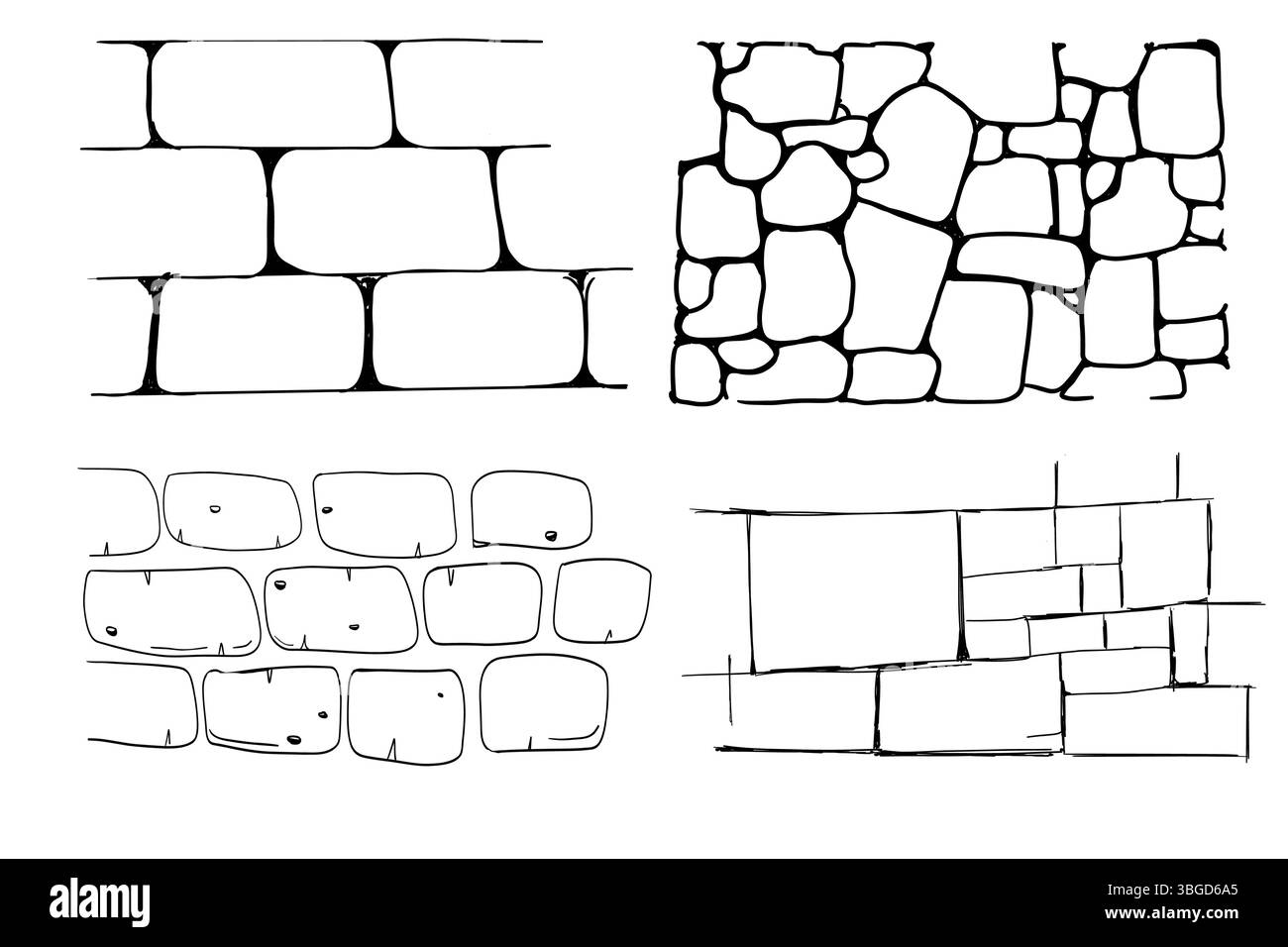 Steinmauerlinie einfache Kritzelwand. Skizzieren Sie die Wand aus Mauerwerk. Handgezeichneter Kachelpfad. Umrisszeichnung, Ziegelstein, alter Schutt. Vektorabbildung Stock Vektor