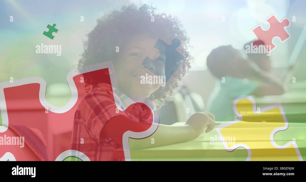 Bild von Puzzleteilen über verschiedenen Lehrern und Schülern Stockfoto