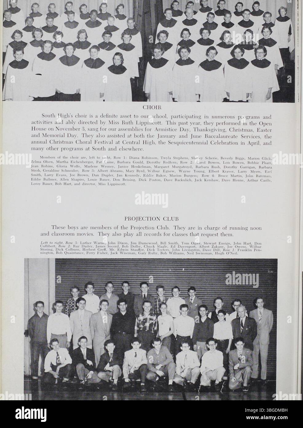 Das Jahrbuch der South High School 1953, The Lens, beschreibt die Geschichte der Schule. Die South High School, 1160 Ann Street in Columbus, Ohio, wurde 1924 in ihrem heutigen Gebäude gegründet. Zuvor nutzte die Schule mehrere Standorte, darunter die Ohio Avenue Elementary und das Columbus High School Building. Die Schule wurde später in Barrett Junior High umbenannt und nach umfangreichen Umbauten 2007 wieder als South High eröffnet. Stockfoto