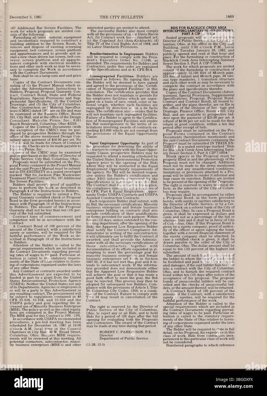 Das Columbus City Bulletin Teil 2 von 1981 enthält einen detaillierten Überblick über die Verfahren des stadtrates, Verordnungen, Beschlüsse, Notizen des öffentlichen Dienstes und Ausschreibungen für verschiedene Stadtverwaltungen. Stockfoto