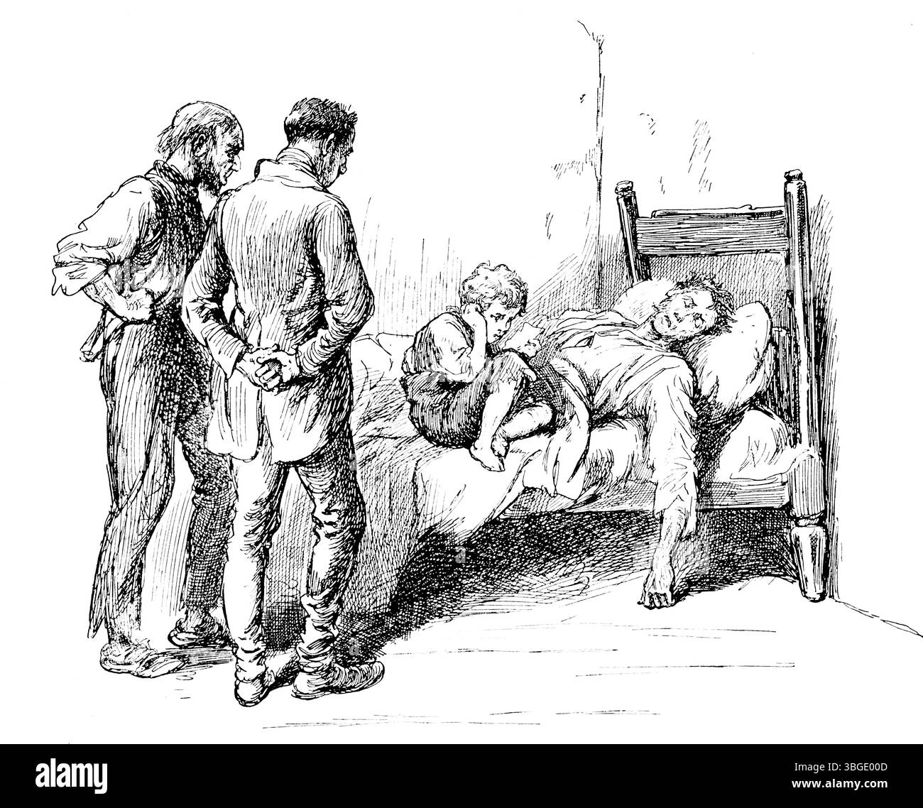Viktorianische Gesundheit, kranker Mann in armen Wohnungen, liegend im Bett mit besorgtem Kind, gravierte Linie Illustration von 1892 The Quiver Magazine Stockfoto