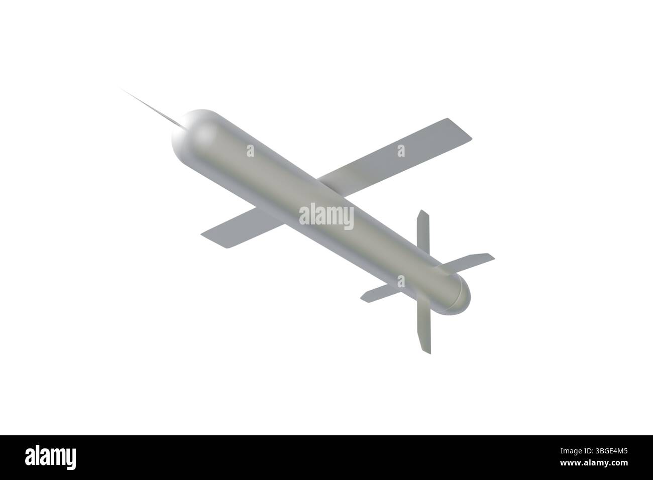 3D-Visualisierung von Hyperschallraketen auf weißem Hintergrund für Militär- und Raumfahrtprojekte, weiße Rakete Stockfoto