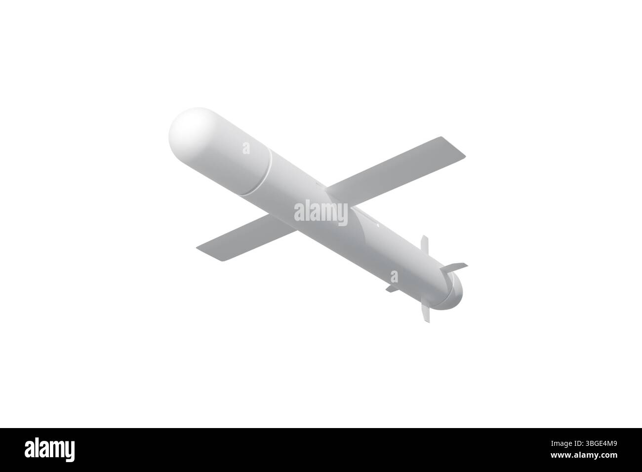 3D-Visualisierung von Hyperschallraketen auf weißem Hintergrund für Militär- und Raumfahrtprojekte, weiße Rakete Stockfoto