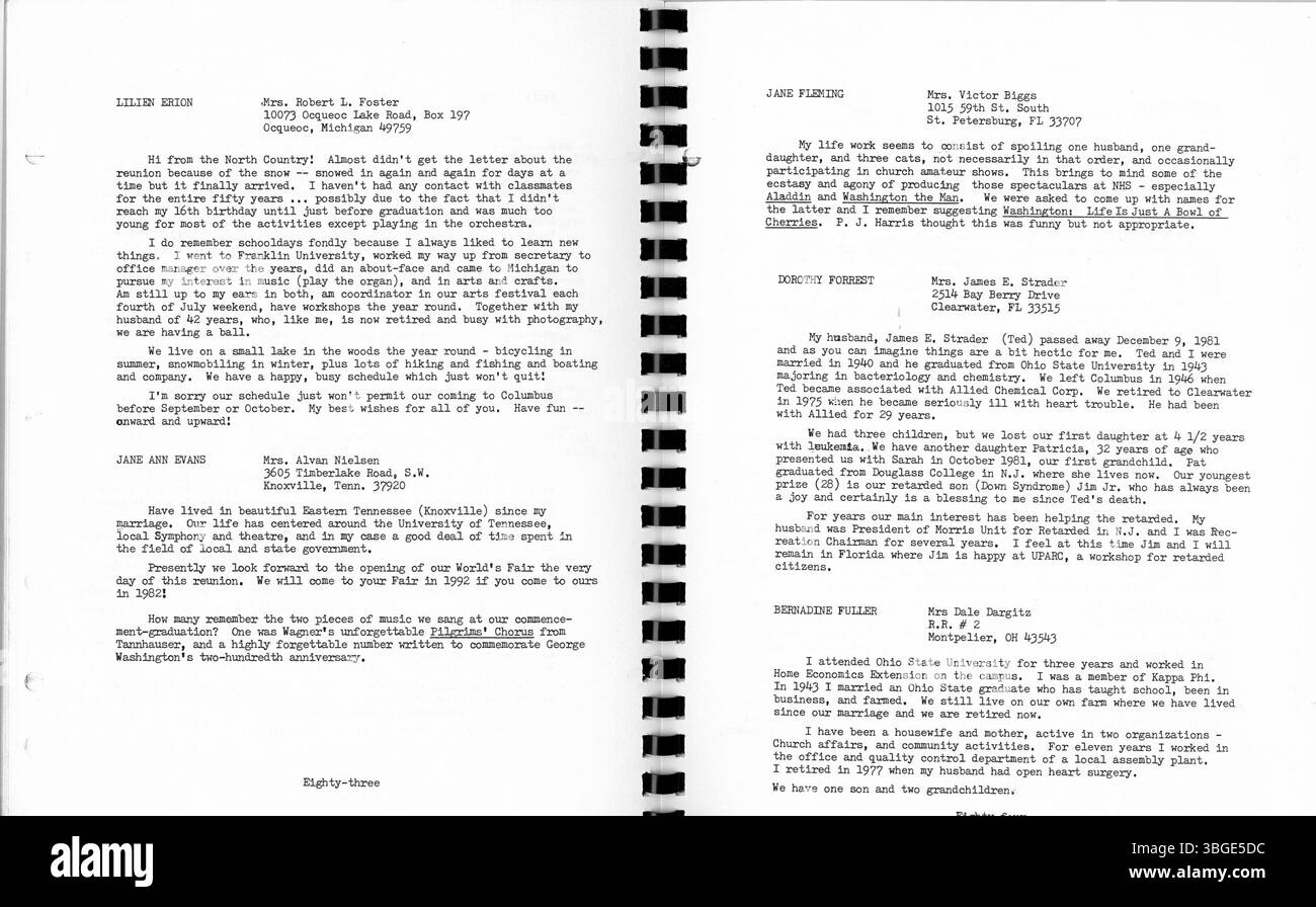 Das Heft des 50. Klassentreffens der North High School aus dem Jahr 1982 enthält Fotos und Briefe aus der Klasse von 1932. Es reflektiert die Anfänge der Schule, wobei das ursprüngliche Gebäude 1893 errichtet wurde. Die Schule zog 1924 an einen neuen Standort in der 100 East Arcadia Avenue. Sie wurde 1979 geschlossen und 2012 als Columbus International High School wieder eröffnet. Stockfoto