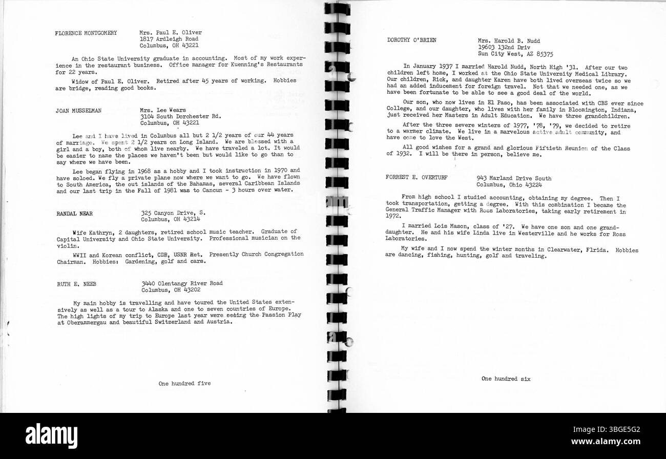 Dieses Heft erinnert an das 50. Klassentreffen der North High School 1932. Charles D. Everett war ab 1893 über 35 Jahre lang Direktor. Das ursprüngliche Gebäude im romanischen Revival, entworfen von Frank L. Packard an der 100 West 4th Avenue, wurde 1924 durch eine neue Schule an der 100 East Arcadia Avenue ersetzt. Die Schule war Teil der Columbus Public Schools, die 1979 aufgrund der sinkenden Einschreibung geschlossen und 2012 als Columbus International High School wieder eröffnet wurde. Stockfoto
