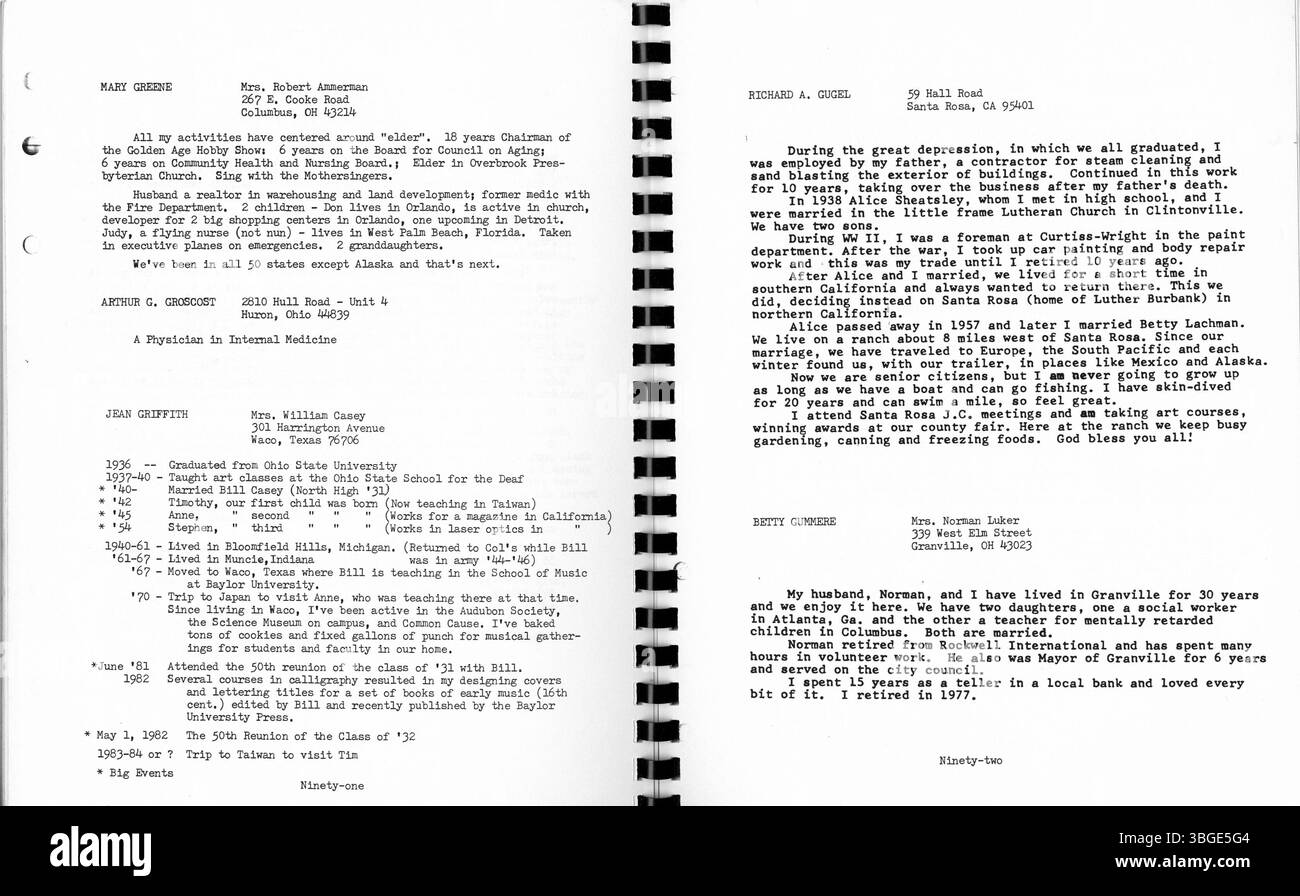 Das 50. Reunion Booklet für die North High School Class von 1932 enthält Fotos und Briefe. Charles D. Everett war ab 1893 über 35 Jahre lang als Regisseur tätig. Das ursprüngliche Gebäude im romanischen Stil von Frank L. Packard wurde 1892-3 in der 100 West 4th Avenue erbaut und 1924 durch eine neue Schule in der 100 East Arcadia Avenue ersetzt. Die Schule gehörte zu den Columbus Public Schools, wurde 1979 aufgrund von Anmeldungsrückgängen geschlossen und 2012 als Columbus International High School wieder eröffnet. Stockfoto