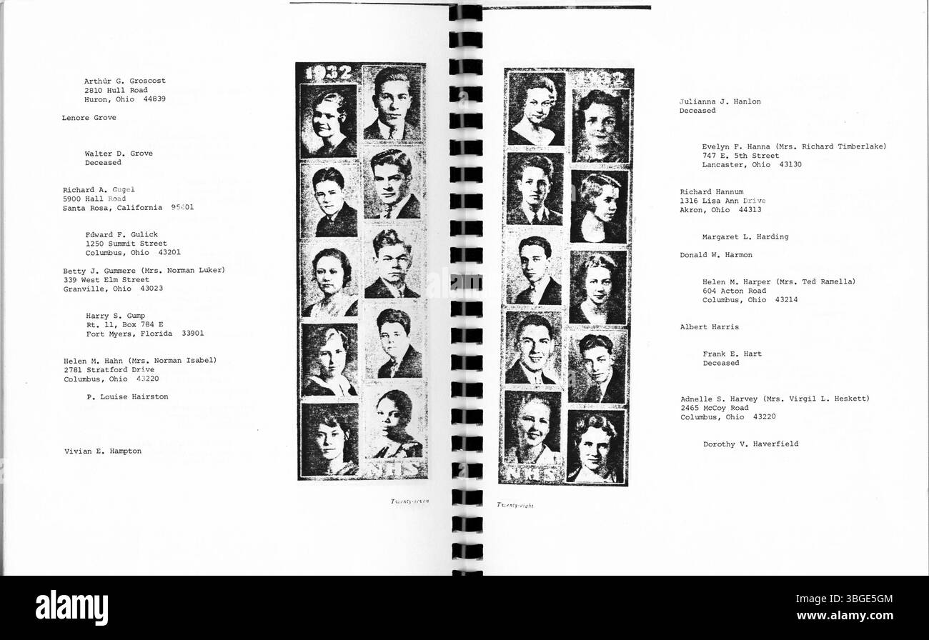 Dieses Heft zum Wiedersehen 1982 erinnert an den 50. Jahrestag der Klasse 1932 der North High School. Das Heft enthält Bilder und Briefe von Alumni. Die ursprüngliche Schule, entworfen von Frank L. Packard, wurde 1893 im romanischen Stil an der 100 West 4th Avenue gebaut. Das Gebäude wurde 1924 durch eine neuere Schule an der 100 East Arcadia Avenue ersetzt. Sie wurde 1979 geschlossen und 2012 als Columbus International High School wieder eröffnet. Stockfoto