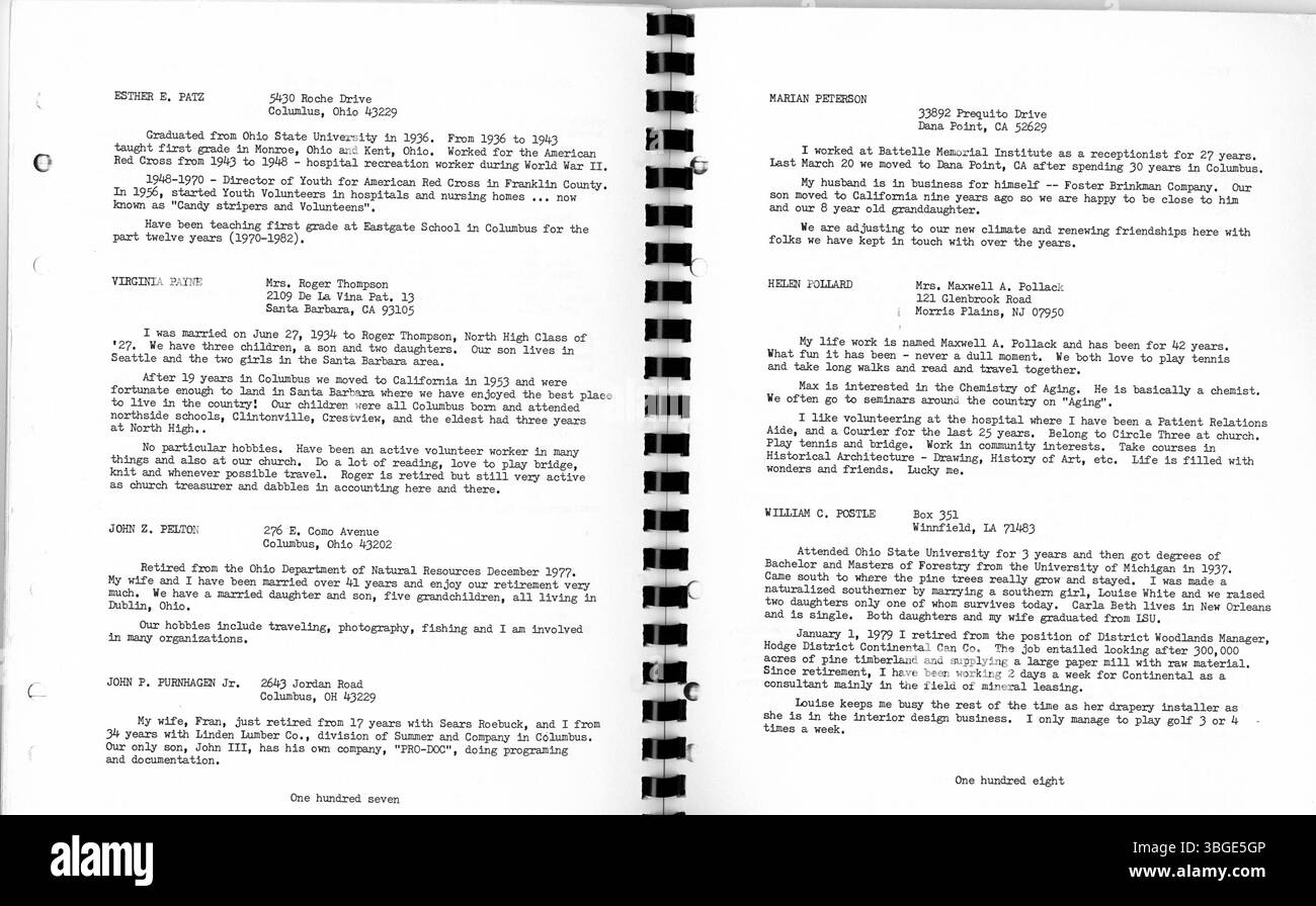 Das 50. Reunion Booklet ehrt die North High School Class von 1932. Charles D. Everett war seit 1893 über 35 Jahren Direktor. Das ursprüngliche Gebäude im romanischen Revival, entworfen von Frank L. Packard an der 100 West 4th Avenue, wurde 1924 durch eine neue Schule an der 100 East Arcadia Avenue ersetzt. Die Schule war Teil der Columbus Public Schools, die 1979 aufgrund der abnehmenden Einschreibung geschlossen und 2012 als Columbus International High School wieder eröffnet wurde. Stockfoto
