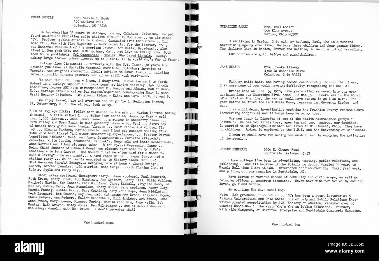 Dieses 50. Reunion Booklet zeigt die North High School Klasse von 1932. Charles D. Everett war ab 1893 über 35 Jahre lang Direktor. Das ursprüngliche Gebäude im romanischen Stil von Frank L. Packard an der 100 West 4th Avenue wurde 1924 durch eine neue Schule an der 100 East Arcadia Avenue ersetzt. Die Schule war Teil der Columbus Public Schools, die 1979 aufgrund der abnehmenden Einschreibung geschlossen und 2012 als Columbus International High School wieder eröffnet wurde. Stockfoto
