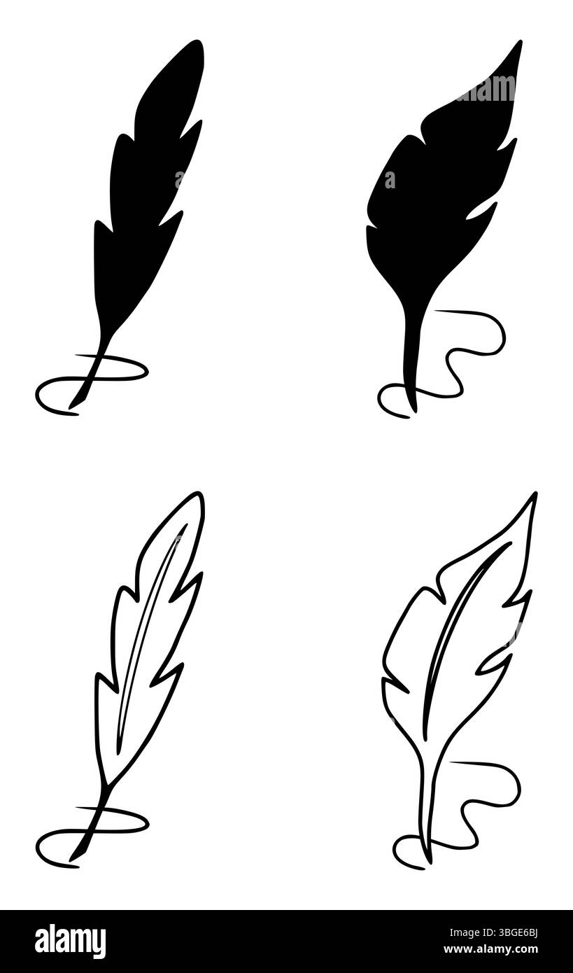 Quill Silhouette Kollektion, Quill Pen Hand gezeichnete Vektor Illustration, Schwarze Feder Feder Stift Set in einem flachen Stil Stock Vektor