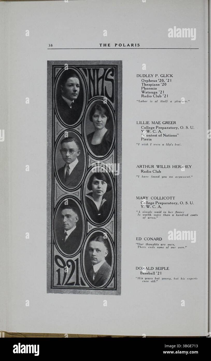 Die Ausgabe 1921 des Polaris Annual beschreibt das Erbe der North High School. Das erste Schulgebäude wurde 1893 unter Charles D. Everett in der 100 West 4th Avenue im romanischen Stil des Architekten Frank L. Packard errichtet. 1924 wurde eine neue Schule in der 100 East Arcadia Avenue in Clintonville eröffnet. Nach seiner Schließung 1979 wurde das Gebäude 2012 als Columbus International High School wieder eröffnet. Der Kauf von Grundstücken für die Expansion erfolgte 1921. Stockfoto