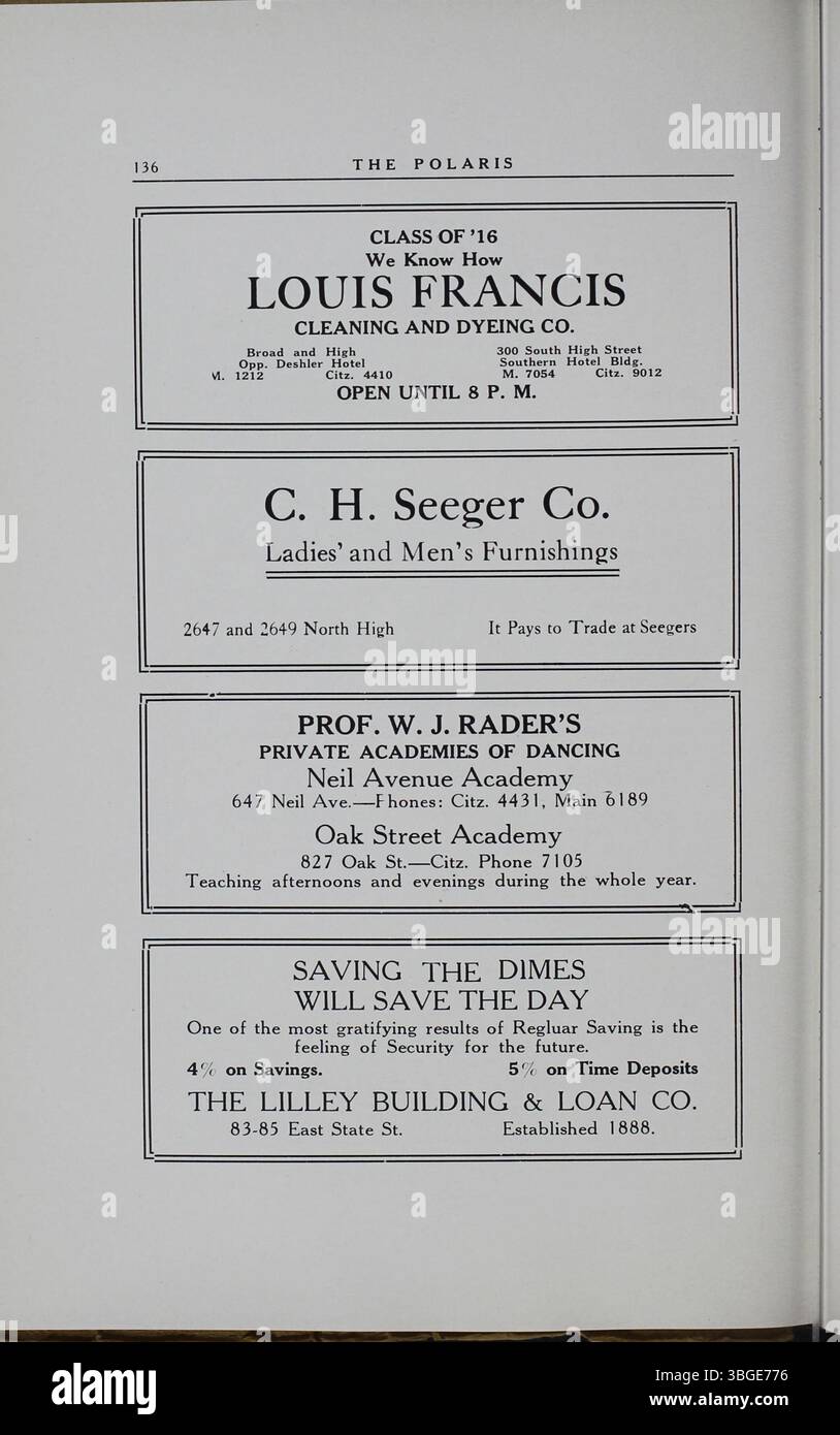 Das Polaris Annual Yearbook von 1921 gibt einen Überblick über die Entwicklung der North High School. Ursprünglich 1892-3 vom Architekten Frank L. Packard erbaut, wurde das Schulgebäude 1924 ersetzt. Später wurde sie als Columbus International High School nach ihrer Schließung 1979 wieder eröffnet. Stockfoto