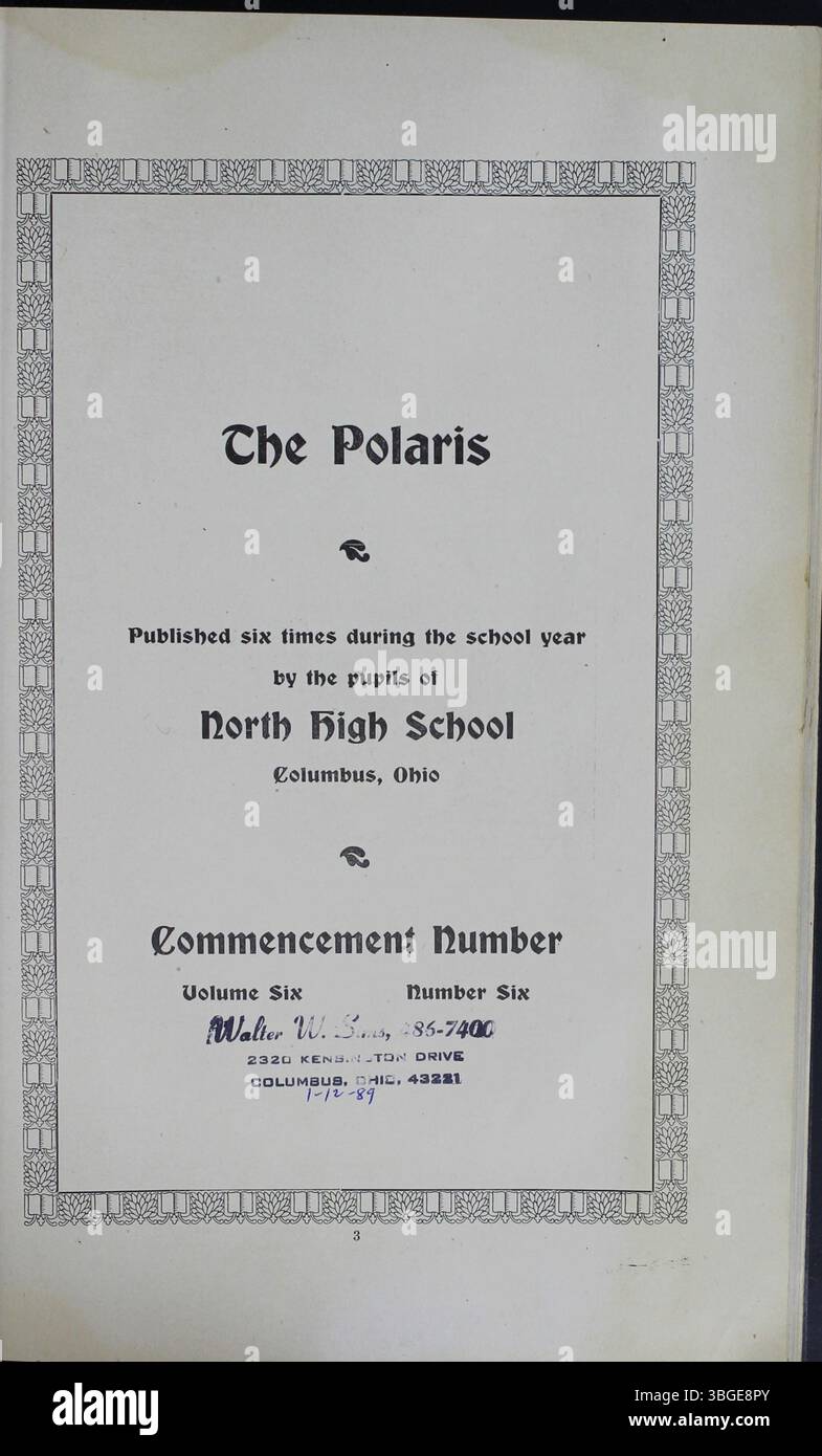 Das Jahrbuch The Polaris, from North High School (1907) zeichnet die Geschichte der Schule ab, beginnend in den Jahren 1892 und 2003. Das ursprüngliche Gebäude im romanischen Stil, entworfen von Frank L. Packard, wurde 1924 ersetzt. Nach der Schließung 1979 wurde die Schule 2012 als Columbus International High School wieder eröffnet. Stockfoto