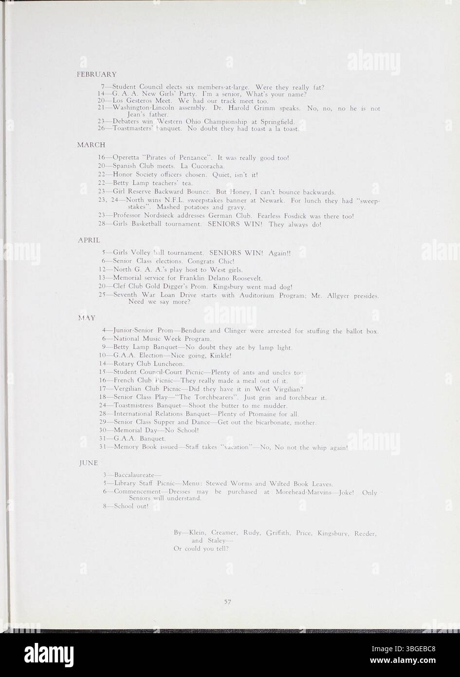 Das Jahrbuch „Memory Book“ von 1945 spiegelt die reiche Geschichte der North High School wider, angefangen von der ursprünglichen Konstruktion von Frank L. Packard aus dem Jahr 1893 bis zu ihrer Ersetzung durch ein neues Gebäude im Jahr 1924. Obwohl sie 1979 aufgrund der geringen Einschreibung geschlossen wurde, wurde sie 2012 als Columbus International High School wieder eröffnet. Stockfoto