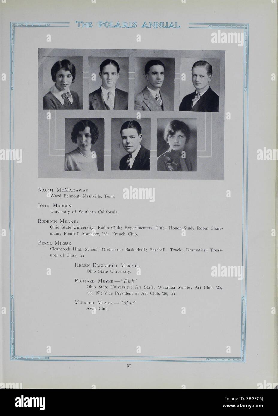 Das Jahrbuch Polaris Annual 1927 feiert die Geschichte der North High School, die 1893 von Charles D. Everett gegründet wurde. Das ursprüngliche Gebäude im romanischen Stil, entworfen von Frank L. Packard, wurde 1924 ersetzt. Die Schule wurde 2012 als Columbus International High School wiedereröffnet. Stockfoto