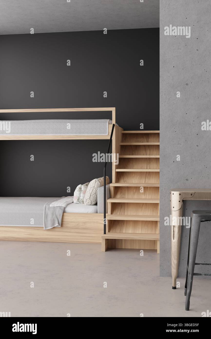 Das Innere des Hostels bietet detaillierte 3D-Darstellung von Stockbetten und Holztreppen. Das minimalistische Design bietet komfortable Schlafmöglichkeiten Stockfoto