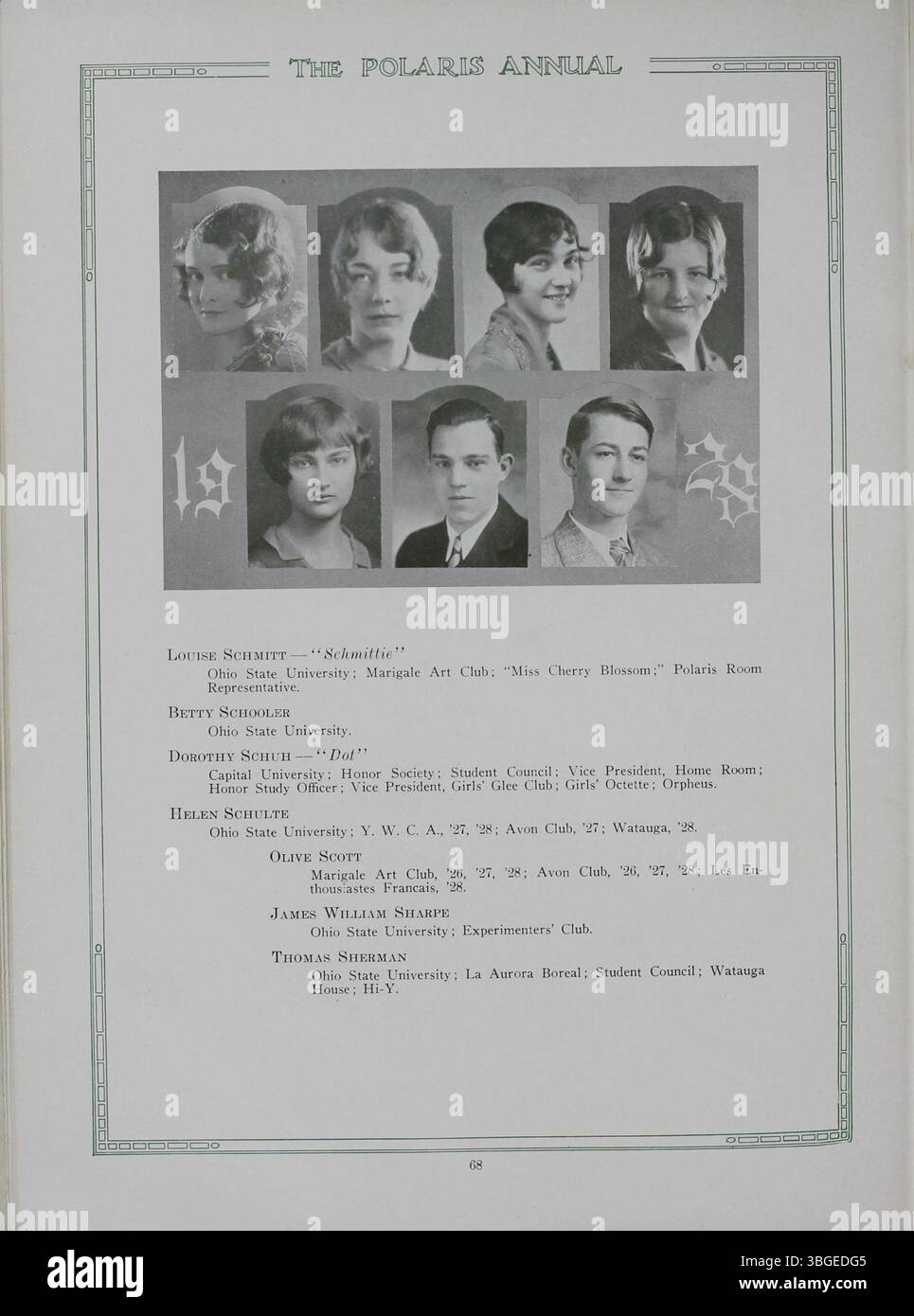 Das Jahrbuch 1928 für die North High School, das Polaris Annual, zeigt die Geschichte der Schule. Das ursprüngliche Gebäude im romanischen Stil, entworfen von Frank L. Packard, wurde 1893 erbaut. Die Schule zog 1924 in die Arcadia Avenue um und wurde 1979 geschlossen. 2012 wurde sie als Columbus International High School wieder eröffnet. Stockfoto