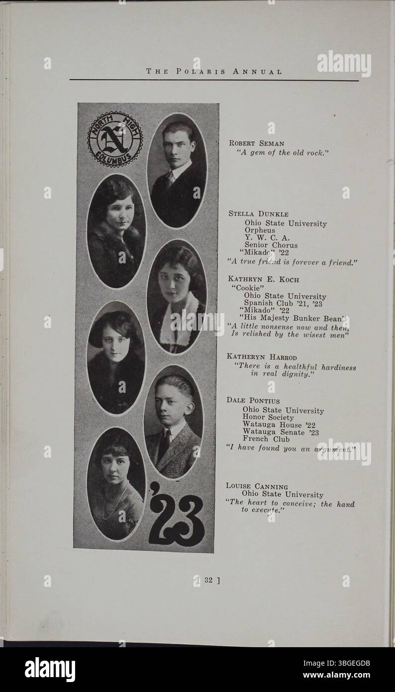 Das Polaris Annual, das Jahrbuch für die North High School, dokumentiert den Übergang der Schule von ihrem Gebäude im romanischen Revival an der 100 West 4th Avenue zum neuen Gebäude an der East Arcadia Avenue, das 1924 fertiggestellt wurde. Die Schule wurde 1979 geschlossen, aber 2012 als Columbus International High School wieder eröffnet. Stockfoto