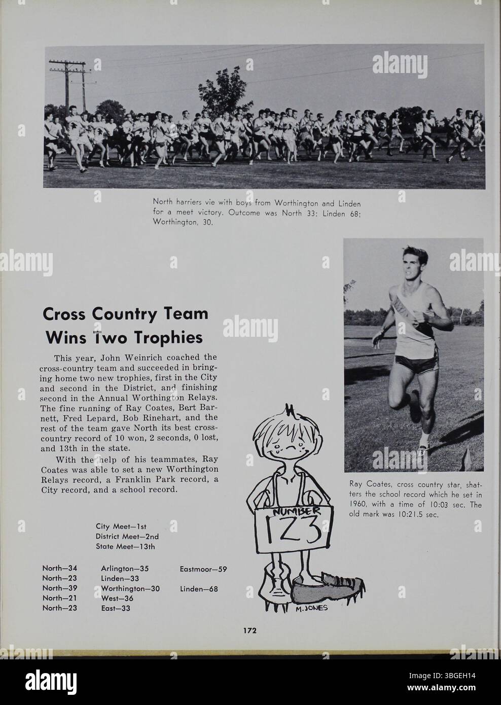 Diese Seite des Memory Book von 1962 der North High School beschreibt die Gründung der Schule im Jahr 1892, ihren romanischen Stil und ihren Umzug in die East Arcadia Avenue im Jahr 1924. Die Schule wurde 1979 aufgrund der abnehmenden Einschreibung geschlossen und 2012 als Columbus International High School wieder eröffnet. Stockfoto