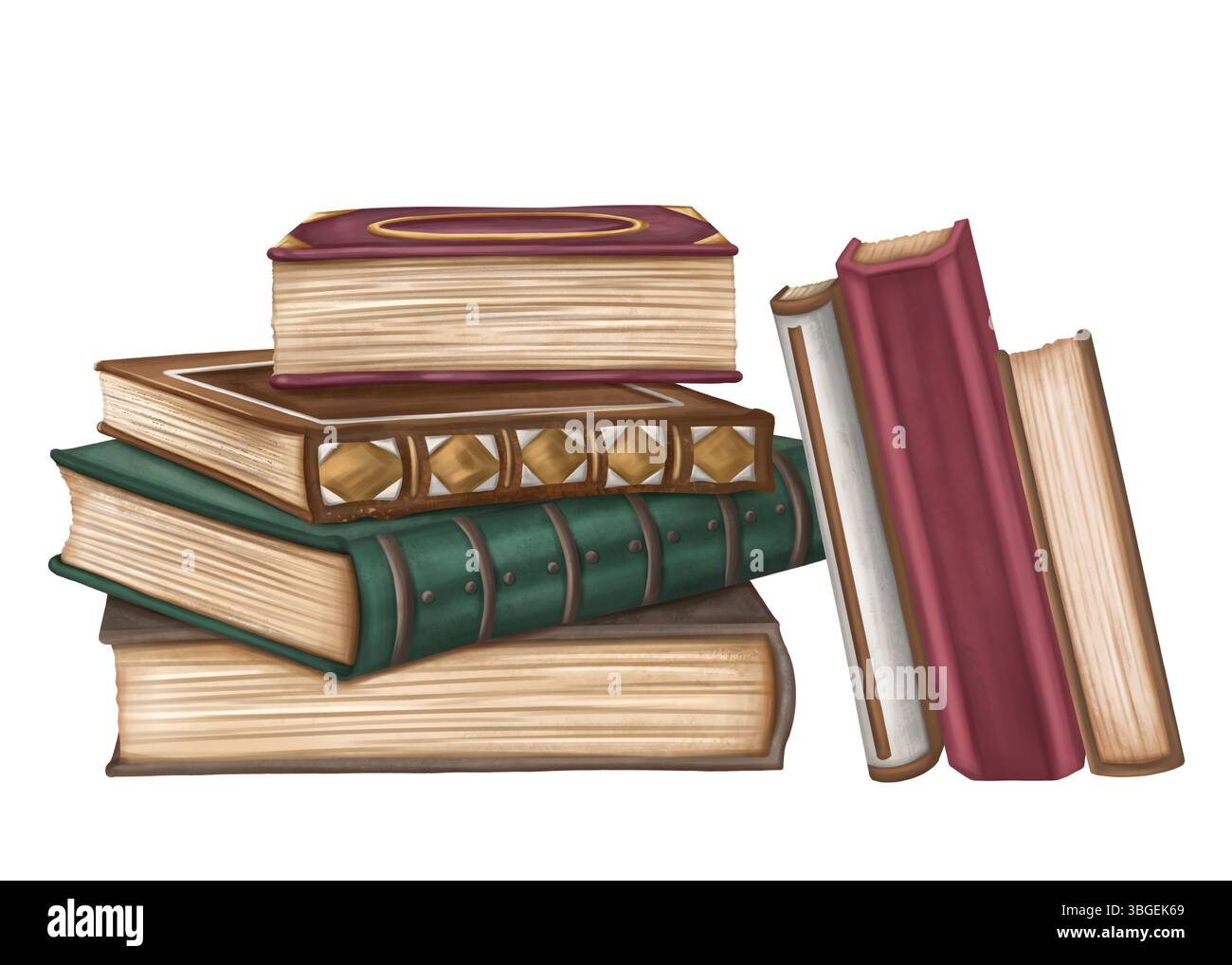 Eine Vintage-Komposition aus alten verzierten Hardcover-Büchern in einem Stapel. Antike Literatur, Studium, Schrift und Geschichte. Einrichtung für Buchhandlung, Schrank, Bibliothek. Stockfoto