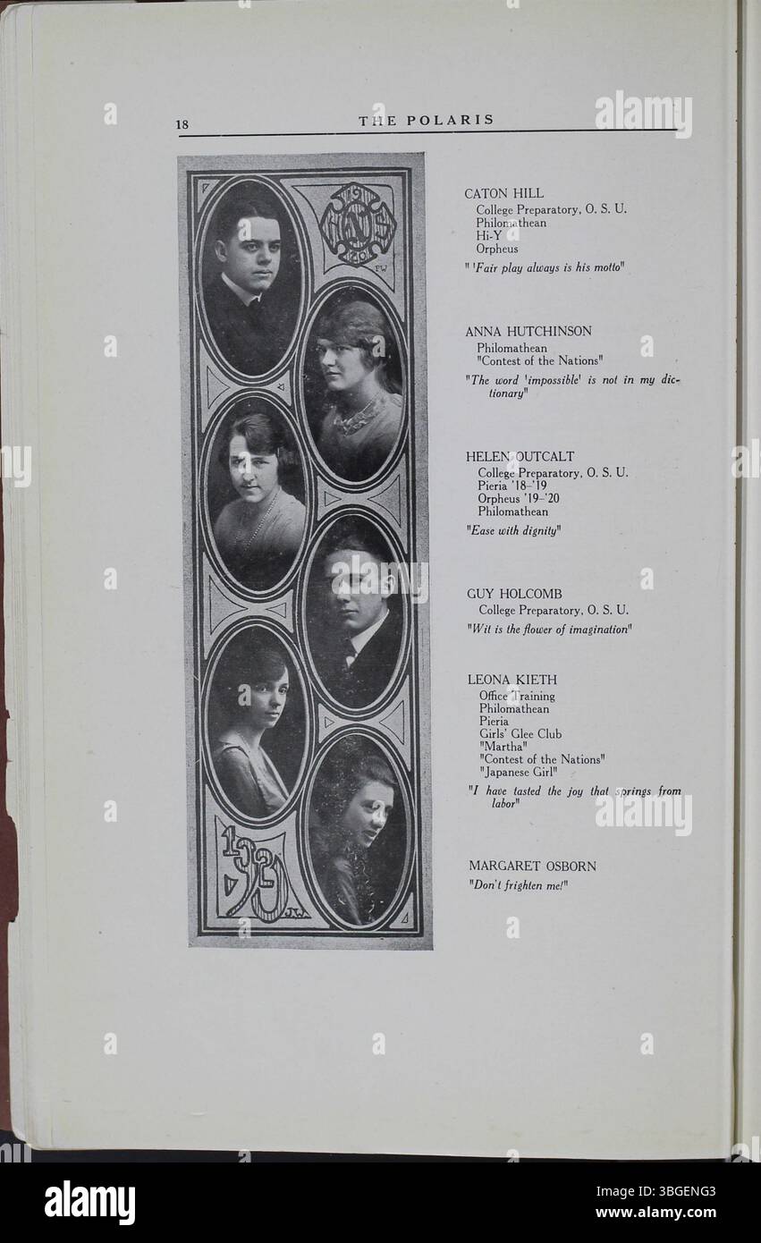 Das Jahrbuch „Polaris Annual“ aus dem Jahr 1920 beleuchtet die Entwicklung der North High School und betont deren Bau im Jahr 1892-93 und den Entwurf des Architekten Frank L. Packard. Die Schule, ursprünglich an der 100 West 4th Avenue gelegen, wurde 1924 durch ein neueres Gebäude ersetzt. Sie wurde 2012 unter dem Columbus Public Schools District weitergeführt und nach der Schließung 1979 als Columbus International High School wieder eröffnet. Stockfoto