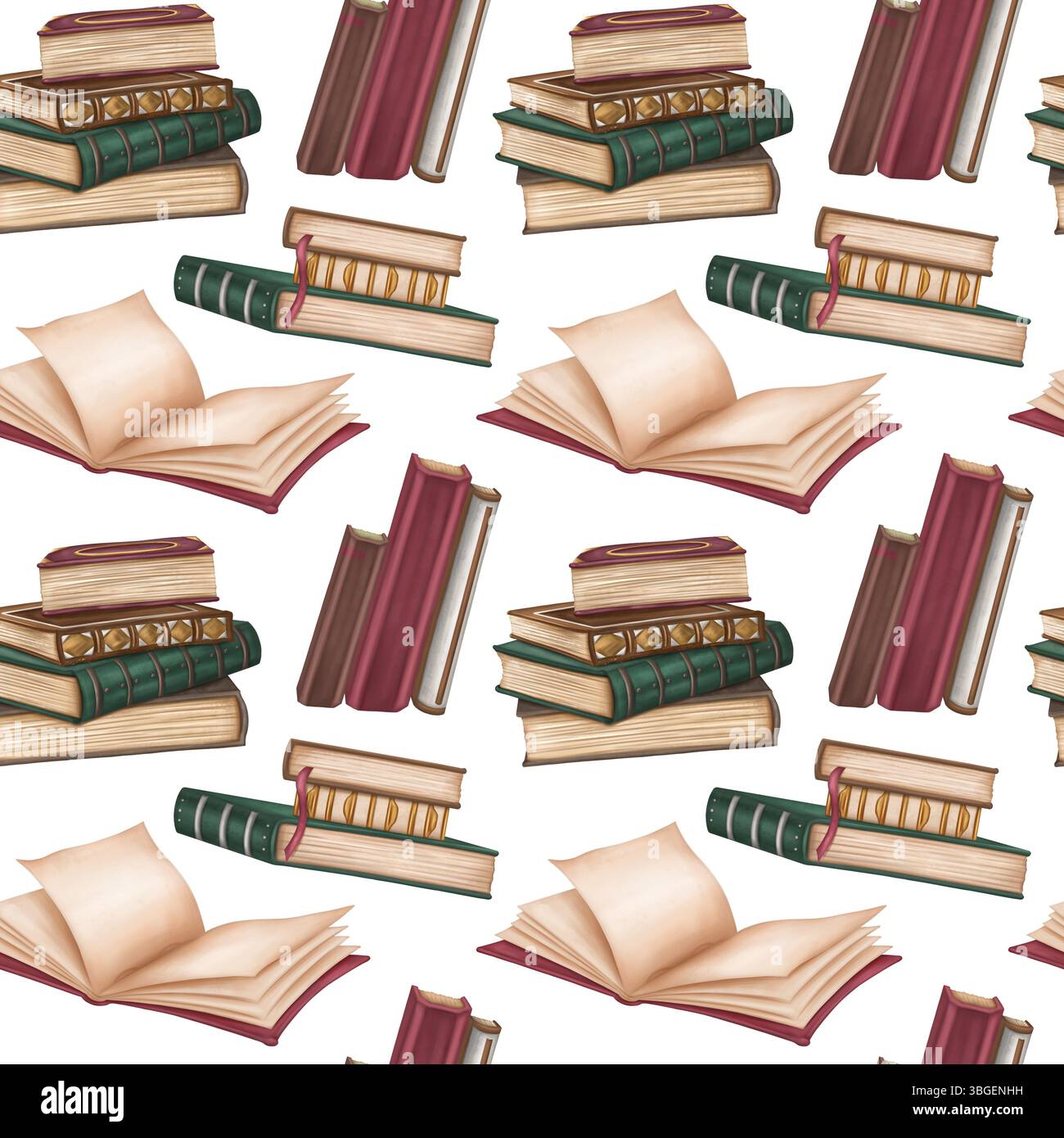 Nahtloses Muster mit antiken Hardcover-Büchern, die mit Metall und Ornamenten verziert sind. Stapel Bücher, leeres Tagebuch öffnen, Notizbuch. Alte Zauberschulen, educ Stockfoto