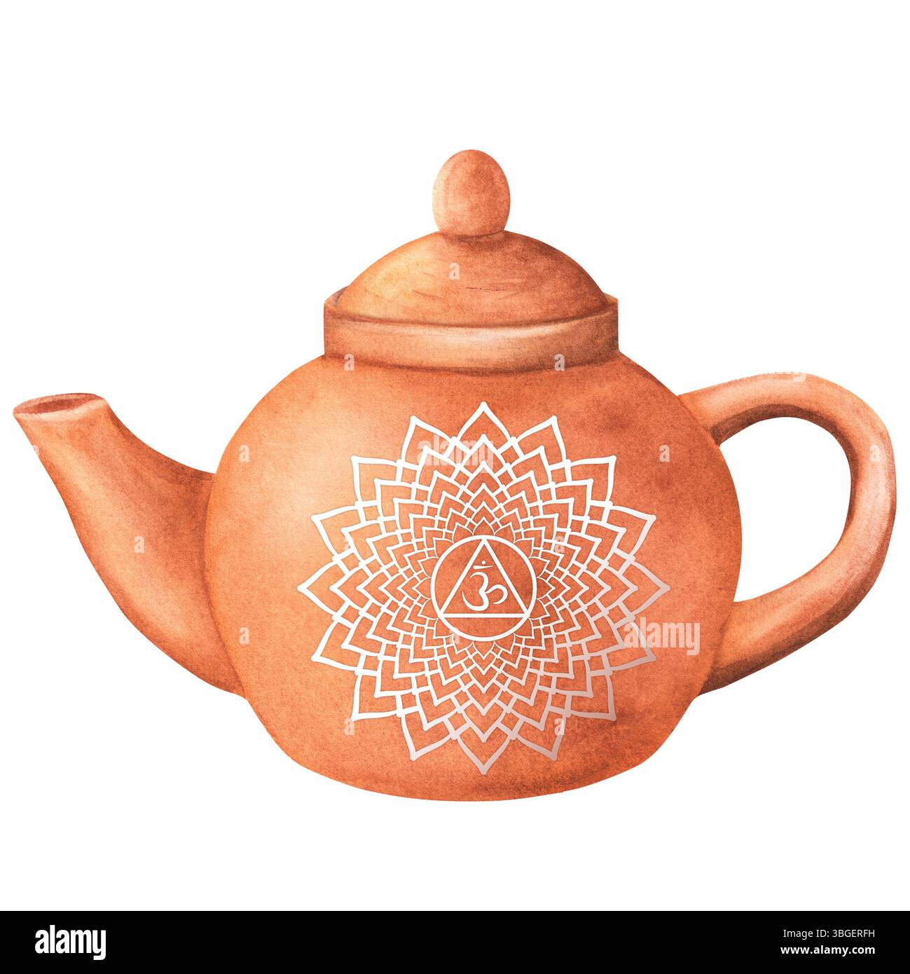 Wasserfarben-Terrakotta-Ton-Teekanne mit weißem Crown sahasrara-Chakra. Clipart für orientalische Teezeremonie. Handgezeichnete Aquarellillustration isoliert. Für p Stockfoto