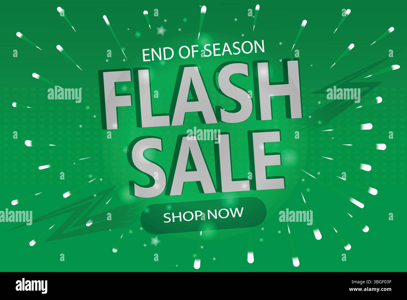Flash-Verkaufsbanner mit 3D-Text und Flash-Symbol auf grünem Hintergrund. Editierbare Vektorvorlage für soziale Medien, Websites und Sonderaktionen. Stock Vektor
