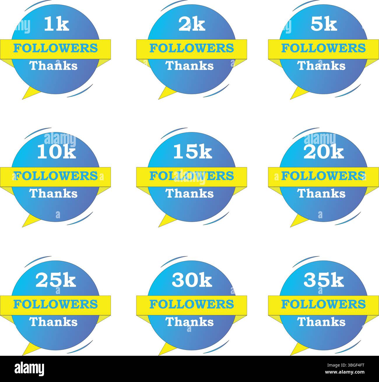 Follower bündeln Grafiken von 1K bis 35K mit rotem Farbverlauf, himmelblauem und weißem Hintergrund. Editierbares Vektordesign, ideal für soziale Medien. Stock Vektor