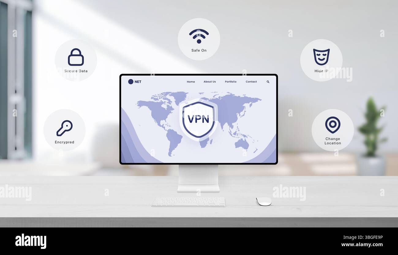 Weltkarte mit VPN-Shield und schwimmenden Symbolen, die verschlüsselte, sichere Verbindungen, versteckte IP-Adressen, sichere Daten und virtuelle Standortänderungen anzeigen. Stockfoto
