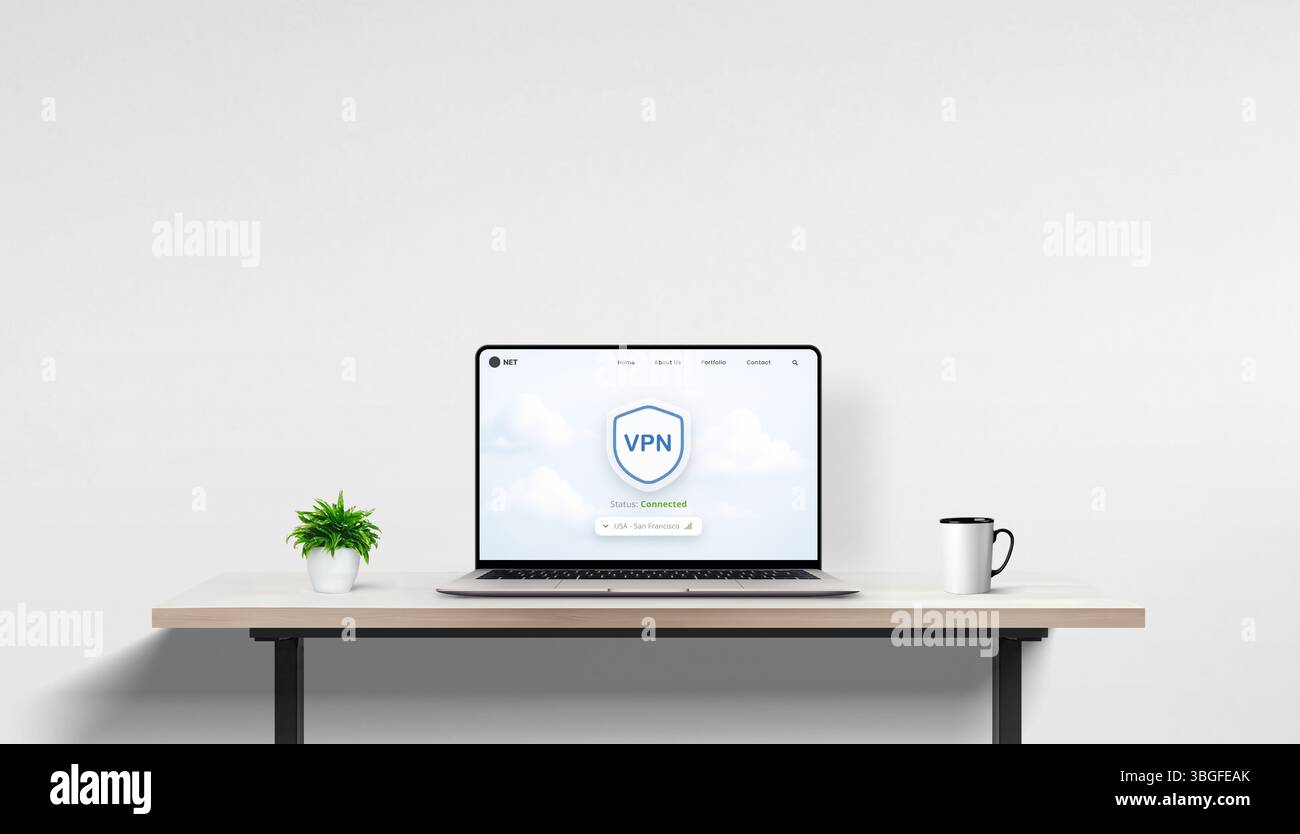 Moderner Arbeitsbereich mit VPN-Bildschirm auf dem Laptop und leerem Hintergrund, perfekt zum Einfügen benutzerdefinierter Werbetexte oder Kampagnengrafiken. Stockfoto