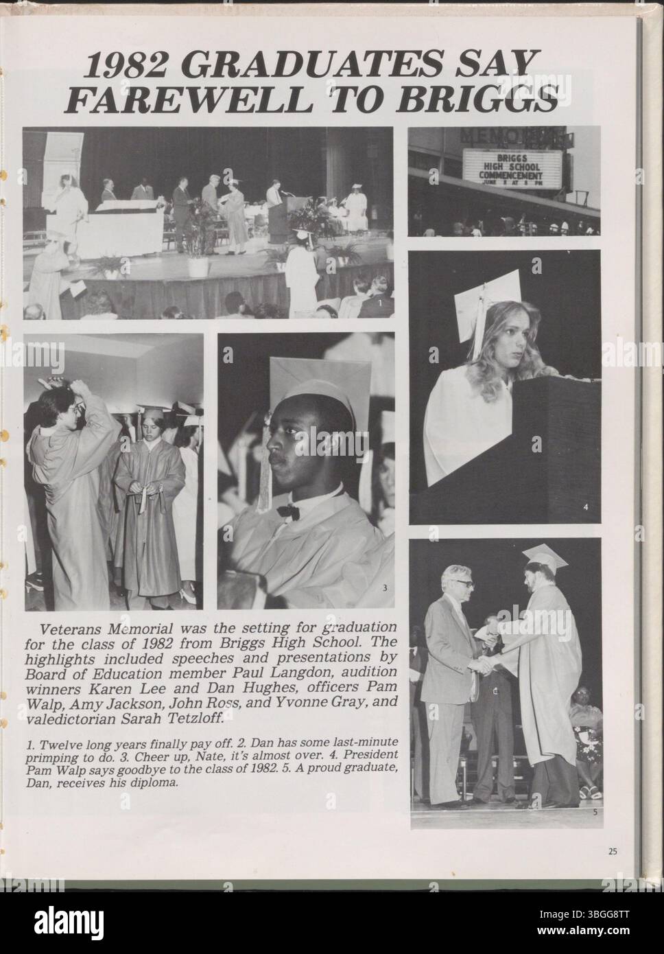 Auf dieser 1982 Seite des Jahrbuchs „Alpha“ der Briggs High School werden die Aktivitäten der Schüler, das akademische Leben und die außerschulische Beteiligung hervorgehoben. Die 1974 in Columbus' Hilltop Area gegründete Briggs High School dokumentiert ihre Community in dieser Vintage-Publikation. Stockfoto