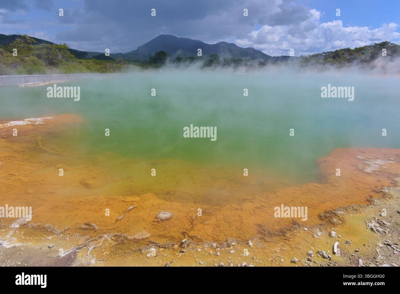 Ein geothermisches Gebiet mit dampfendem Wasser und blauem Himmel, Champagne Pool Thermal Lake, Wai-O-Tapu Thermal Wonderland, Rotorua, Nordinsel, Neuseeland, Stockfoto