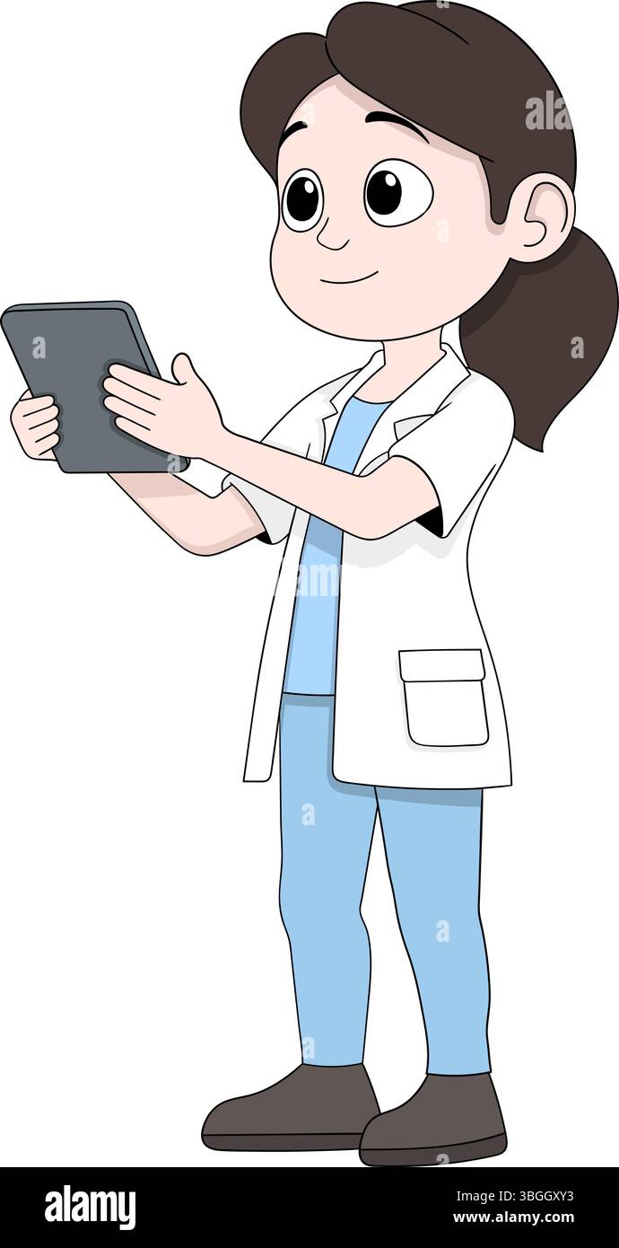 Illustration einer Ärztin im Zeichentrickstil, die einen weißen Mantel trägt und ein digitales Tablet hält. Stock Vektor