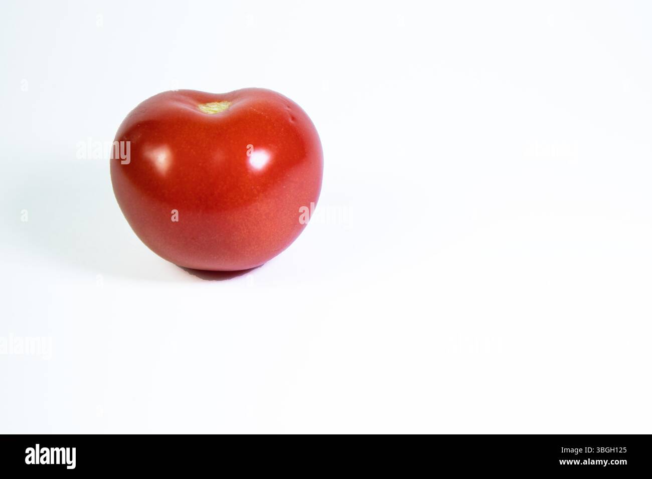 Frische einzelne rote Tomate auf weißem Hintergrund, minimales und gesundes Lebensmittelkonzept. Stockfoto