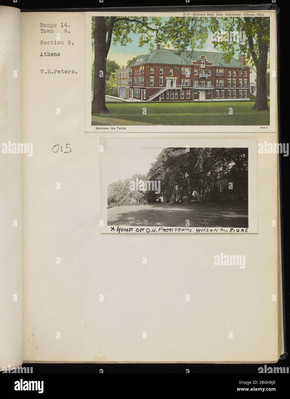 W.E. Peters' Range Book v. 05 zeigt eine Sammlung von Fotografien historischer Stätten in Athens Township, Athens County, Ohio, einschließlich indianischer Hügel, Friedhöfe und ein-Zimmer-Schulhäuser. Diese Standorte, von denen viele gefährdet waren, wurden in dem Bemühen erfasst, sie zu erhalten. Seite 53 zeigt Kirchen aus Glouster in Trimble Township. Stockfoto